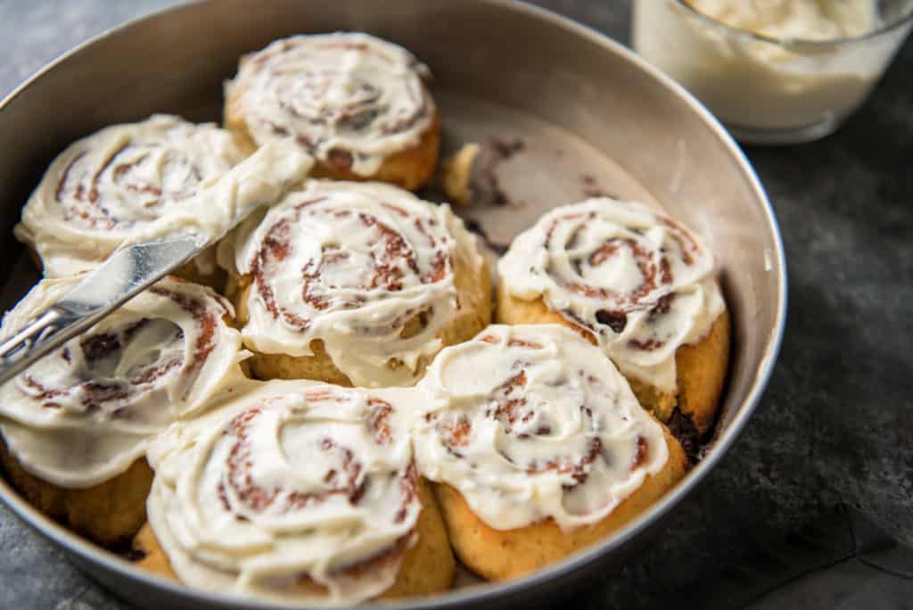 keto cinnamon rolls full tray of baked keto pastries