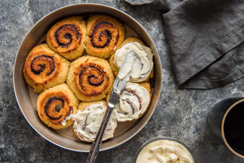 keto cinnamon rolls cinnamon rolls done baking in pan