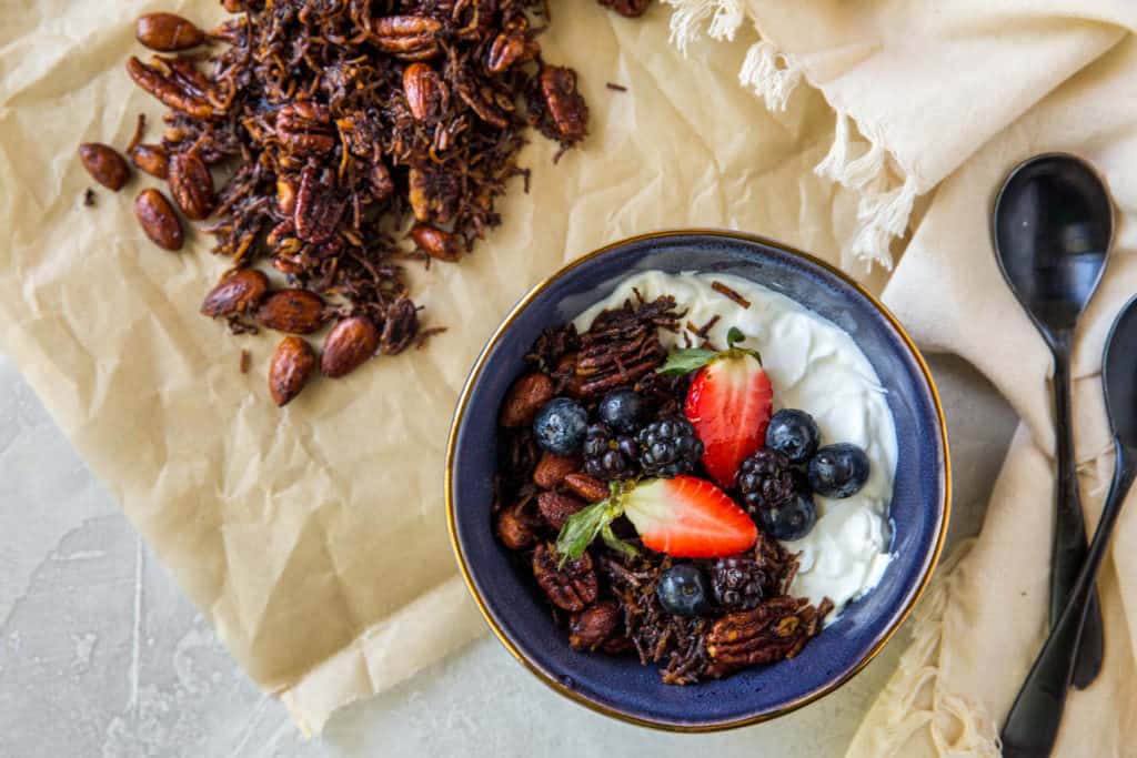 best keto cereal granola and yogurt with fruits on top