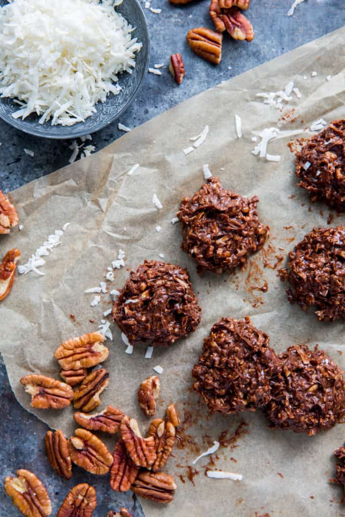 No Bake cookies on a sheet of parchment paper. 