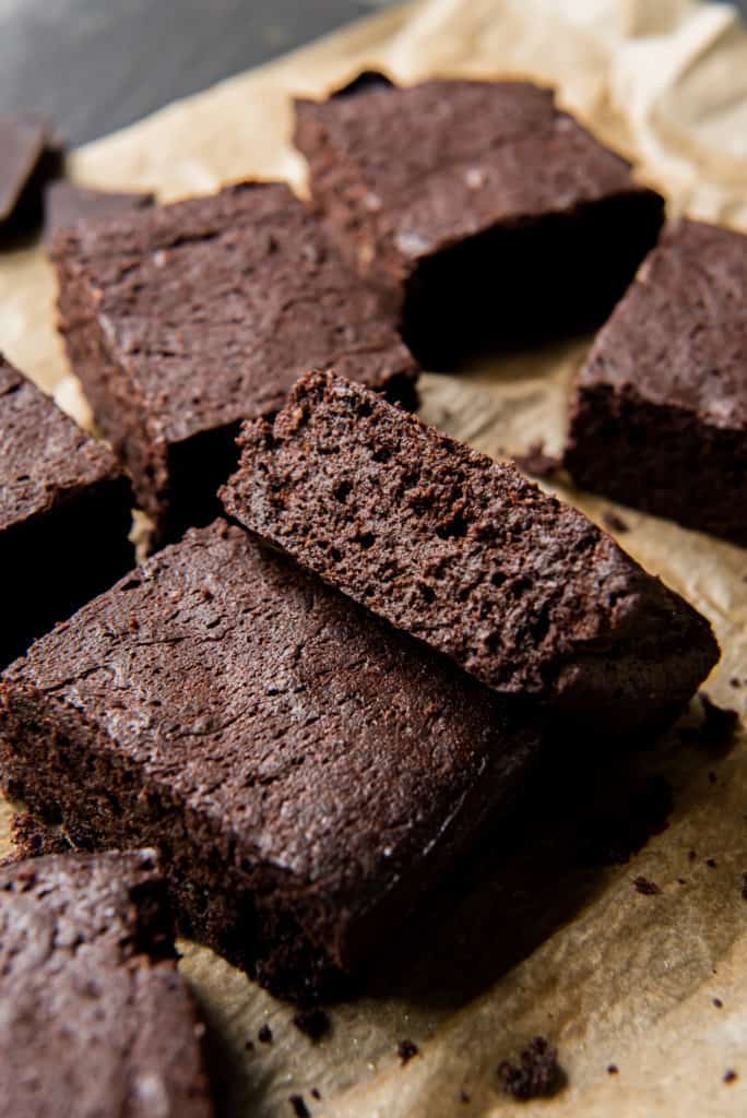 Prepared keto brownies sliced and stacked