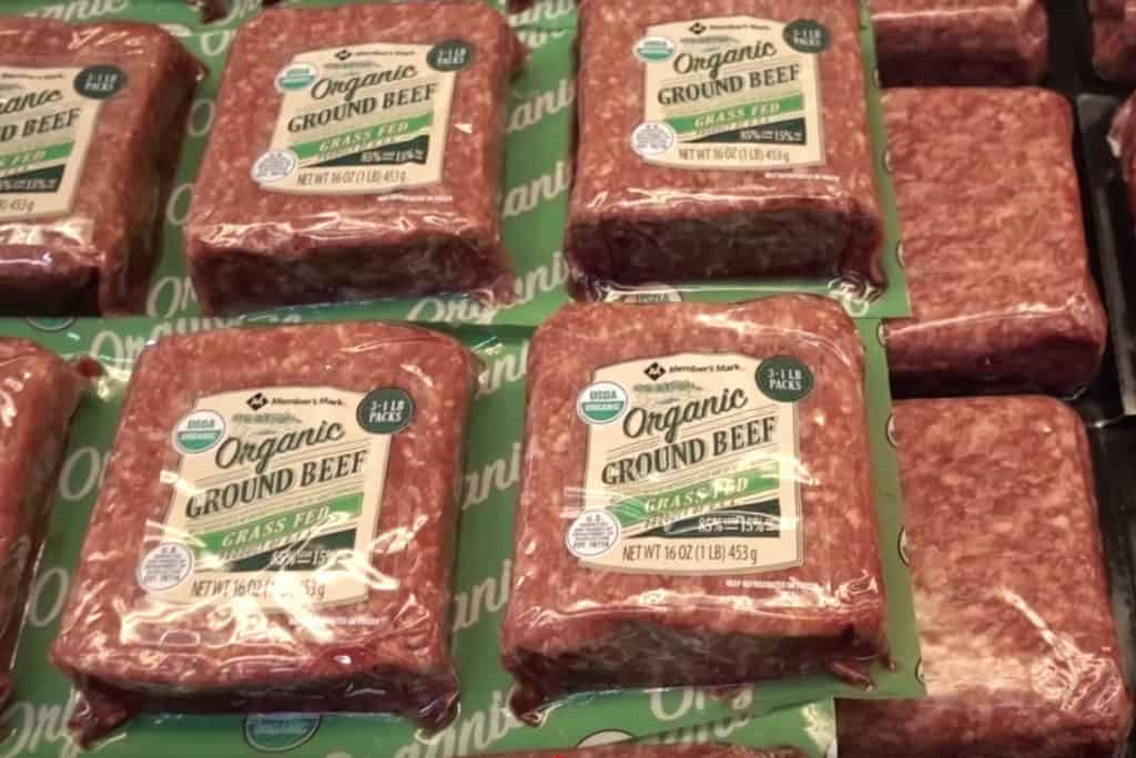 sams club keto Packages of organic grass-fed beef in the refrigerated section at Sam's Club wholesale.