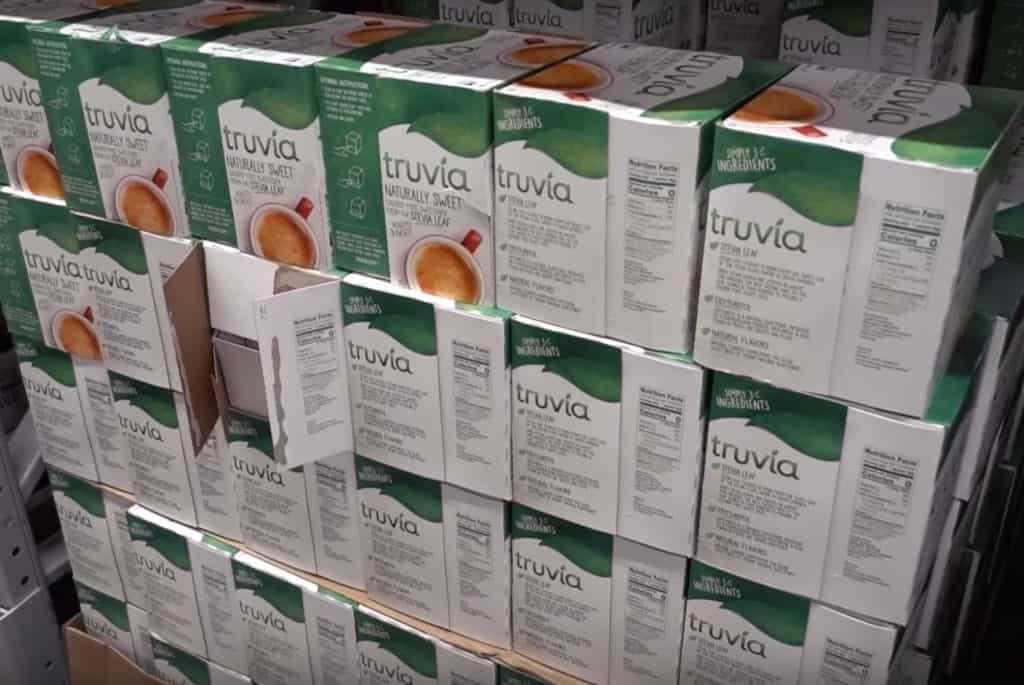 A grocery display of low-carb sweetener Truvia packets. 
