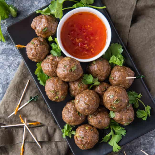 air fryer meatballs on a tray