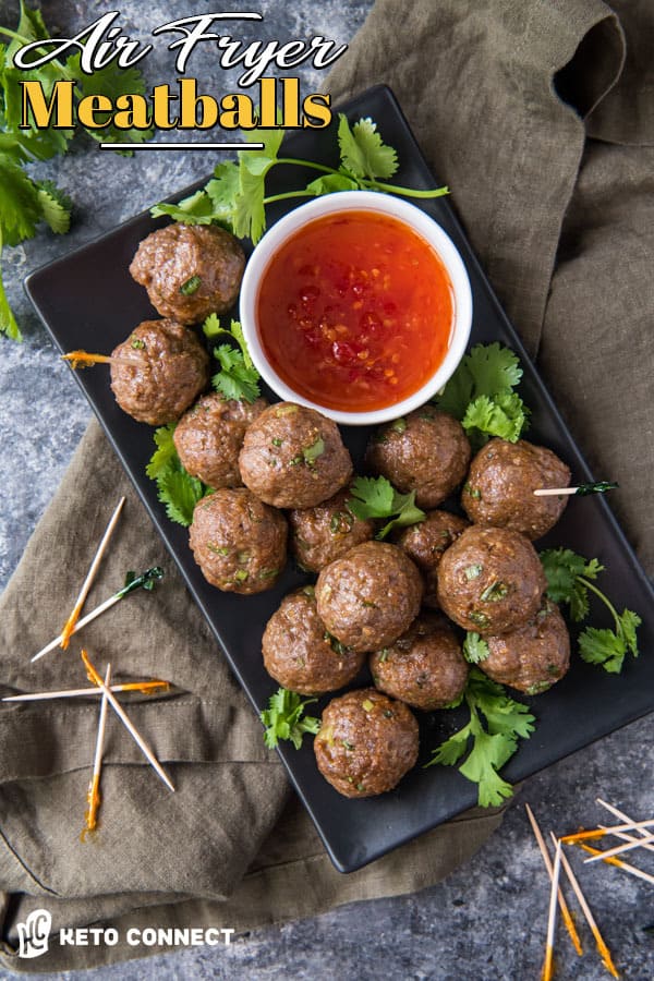 air fryer meatballs on a plate with a red dip