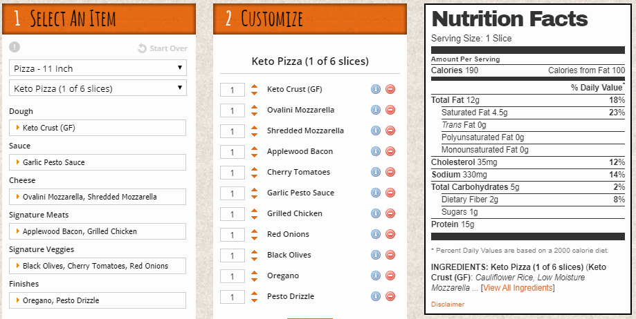 our custom keto pizza order from blaze pizza