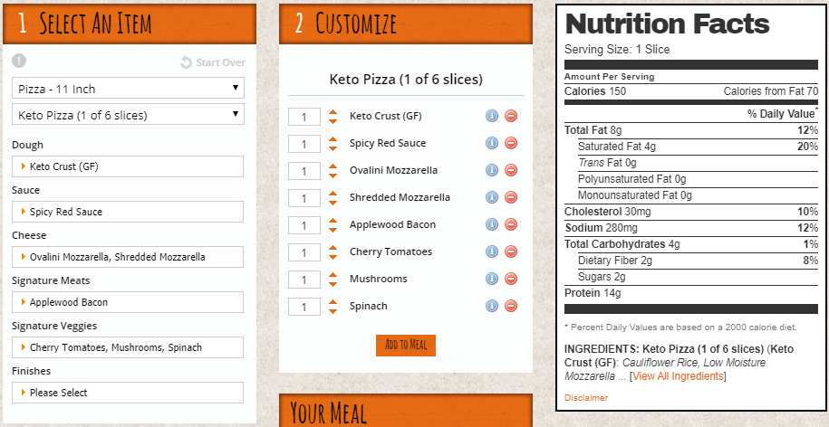 The standard ingredients and nutrition for a blaze keto pizza