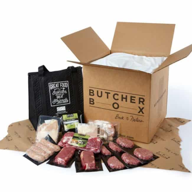 butcher box meats displayed in front of delivery box