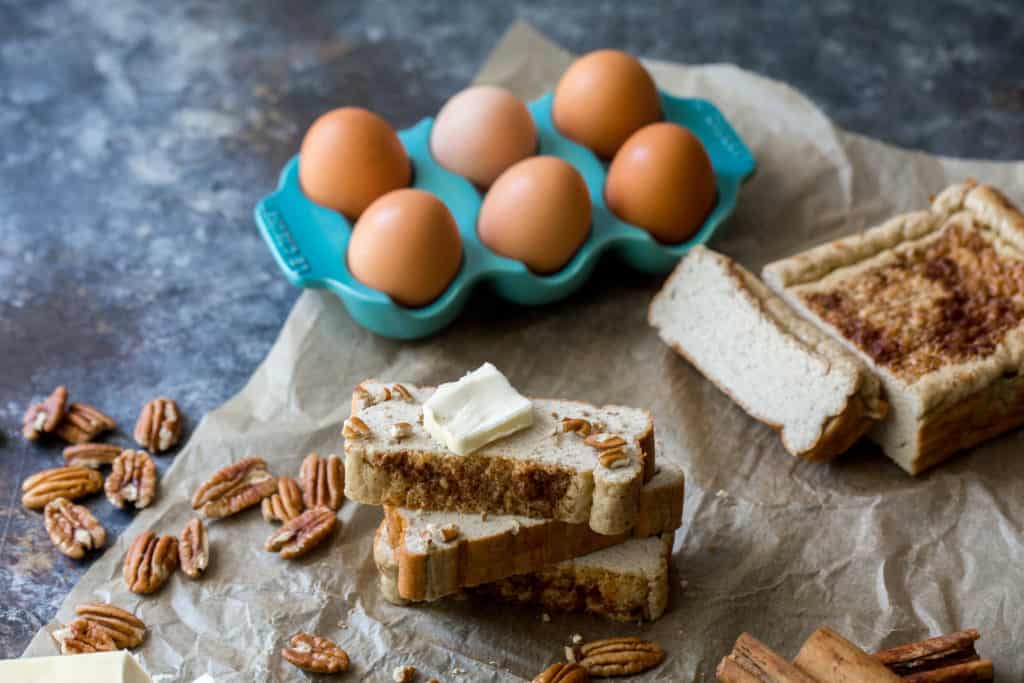 Keto Egg Loaf diagonally stacked after being sliced