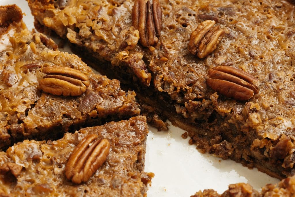 keto pecan pie close up sliced keto pecan pie