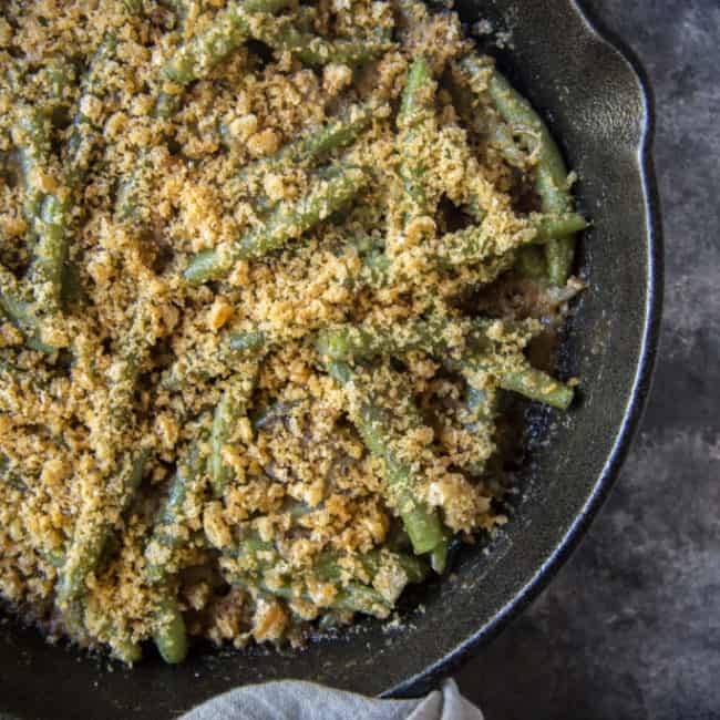 Low Carb Green Bean Casserole overhead shot of crispy topping