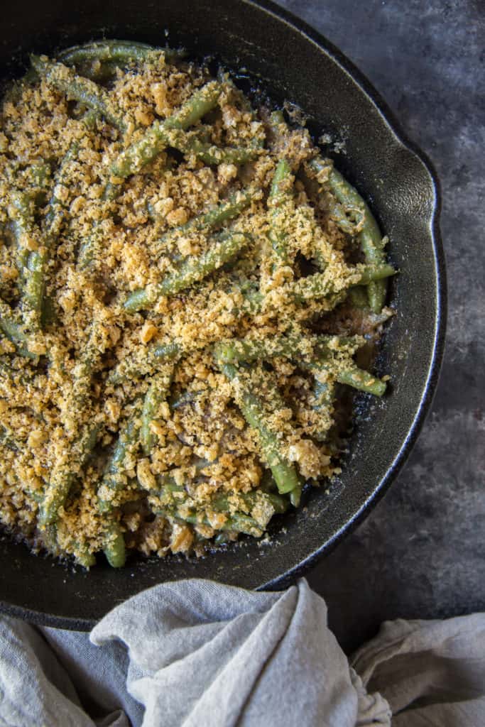 Low Carb Green Bean Casserole overhead shot of crispy topping