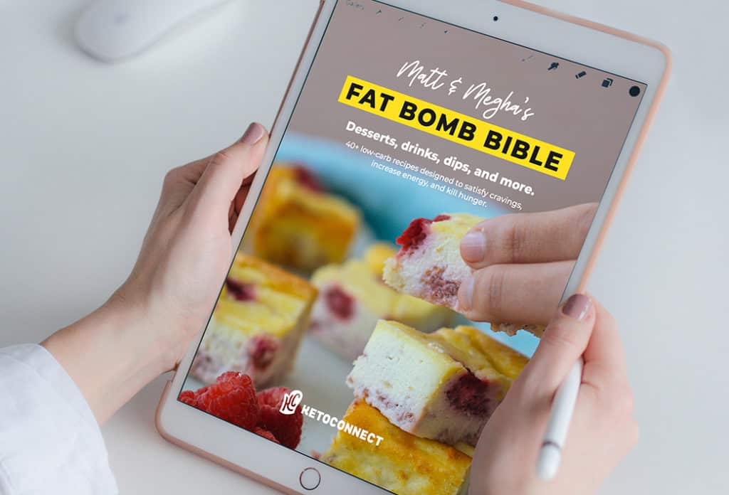 fat bomb bible ebook being viewed on a tablet, recipes that will help you not feel hungry on keto