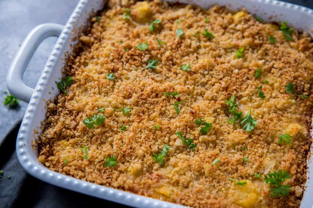 a baked low carb casserole in a white casserole dish