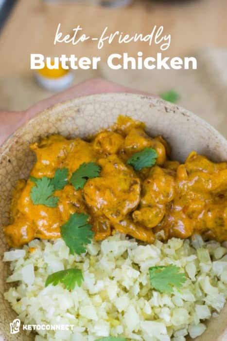 keto butter chicken Bowl of keto butter chicken with cauliflower rice.