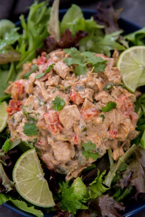 keto chicken salad fajita style keto chicken salad on top of a bed of lettuce with lime wedges for garnish