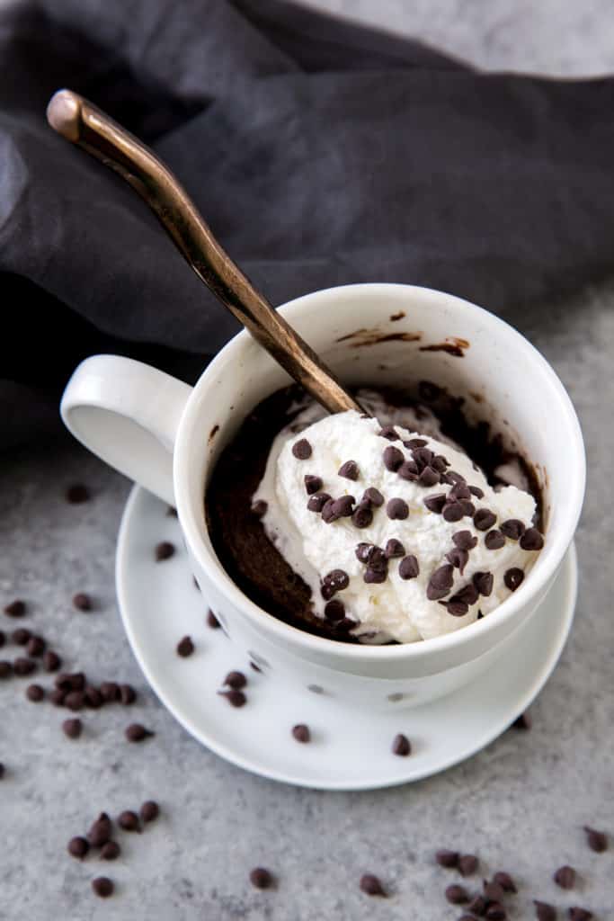 A Chocolate Keto Mug Cake ready to be served on a plate beside an array of chocolate chips