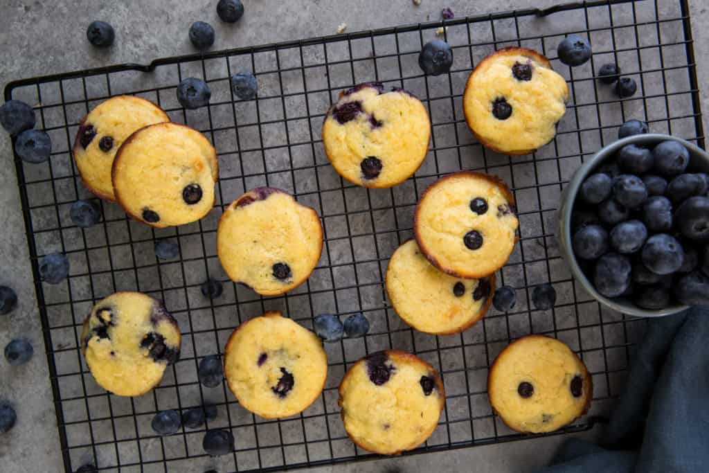 blueberry muffin top coconut flour cookies on a cooling rack with a bowl of fresh blueberries