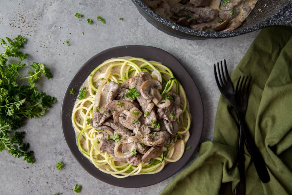 keto beef stroganoff served over zucchini noodles on a black plate with forks and parsley garnish