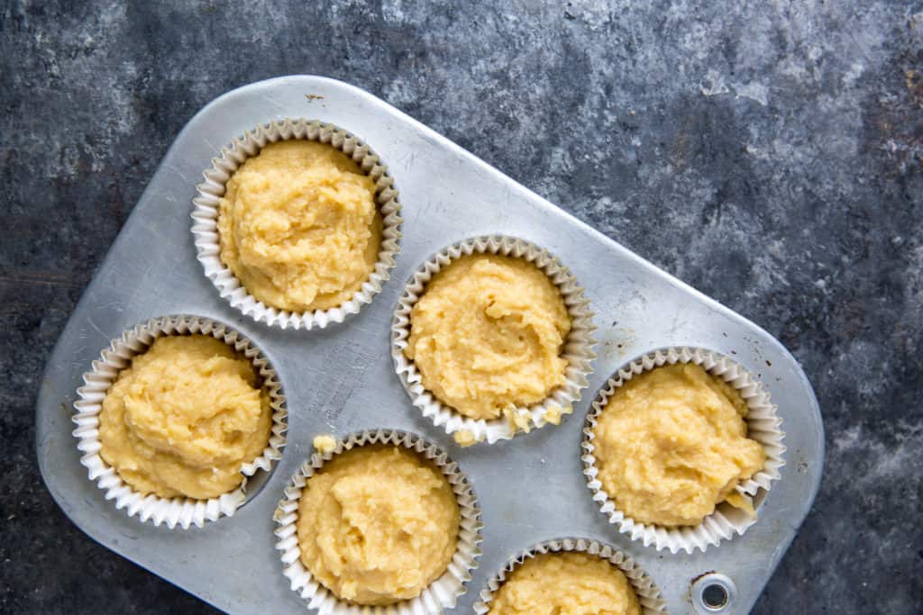 low carb vanilla keto cupcakes batter in a baking tin