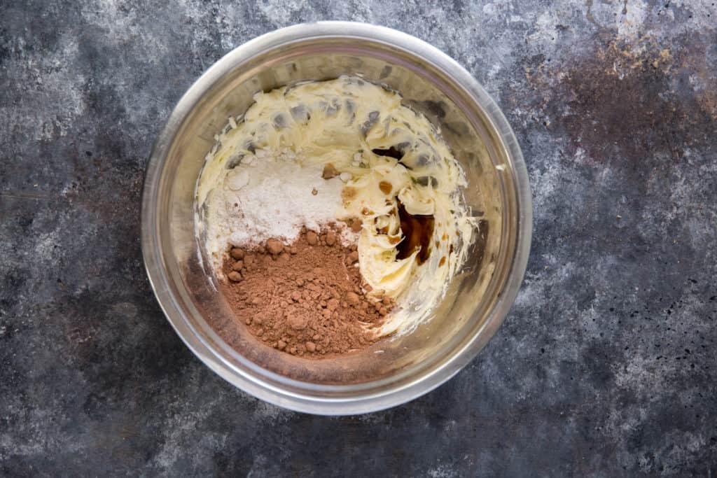Keto Cupcakes batter ingredients for keto cupcakes in a metal mixing bowl
