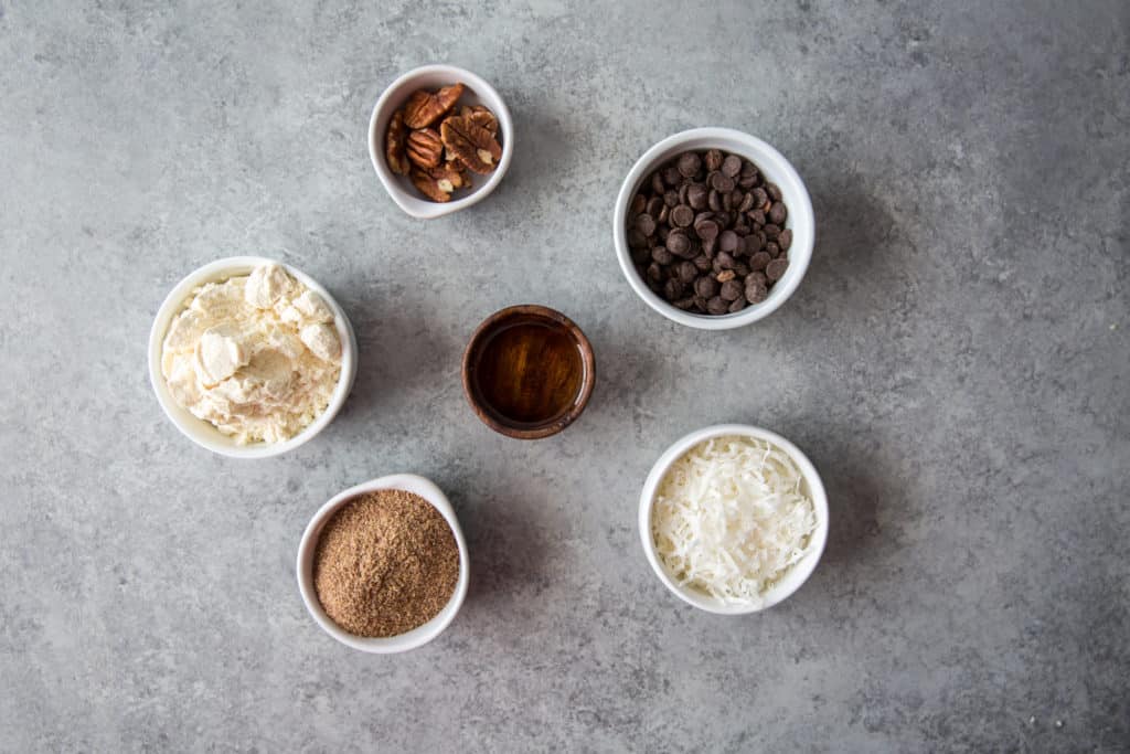 Keto Energy Balls six ingredients to make keto energy balls in small bowls