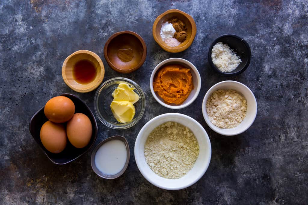 keto pumpkin pancakes table filled with ingredients