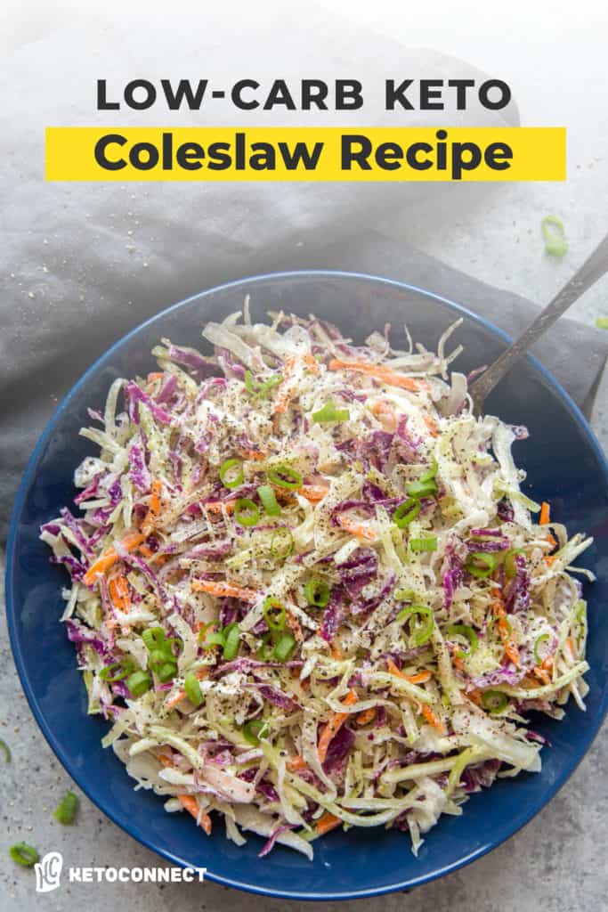 close up keto coleslaw recipe in a bowl with a spoon
