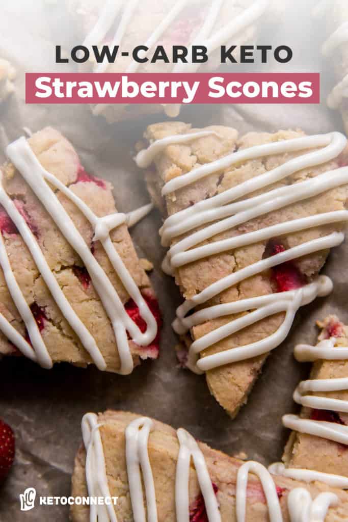 keto strawberry scones with glaze on parchment paper