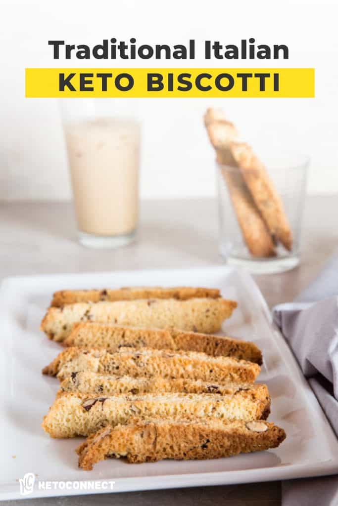 Keto Biscotti plate of finished cookies with iced coffee in the background