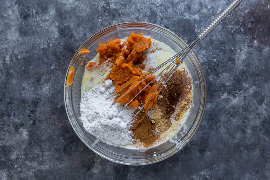 keto pumpkin pie whisked ingredients together