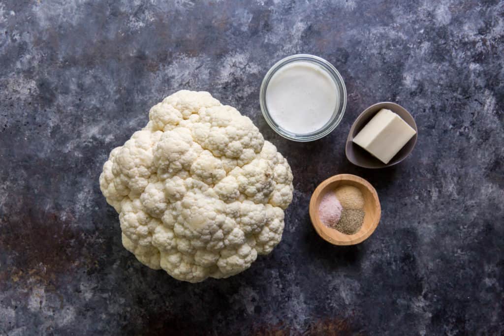 cauliflower mashed potatoes ingredients to make the recipe on table