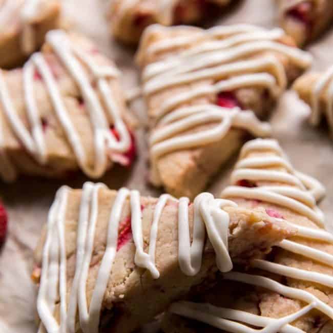 keto scones final overhead pastry with strawberries and glaze