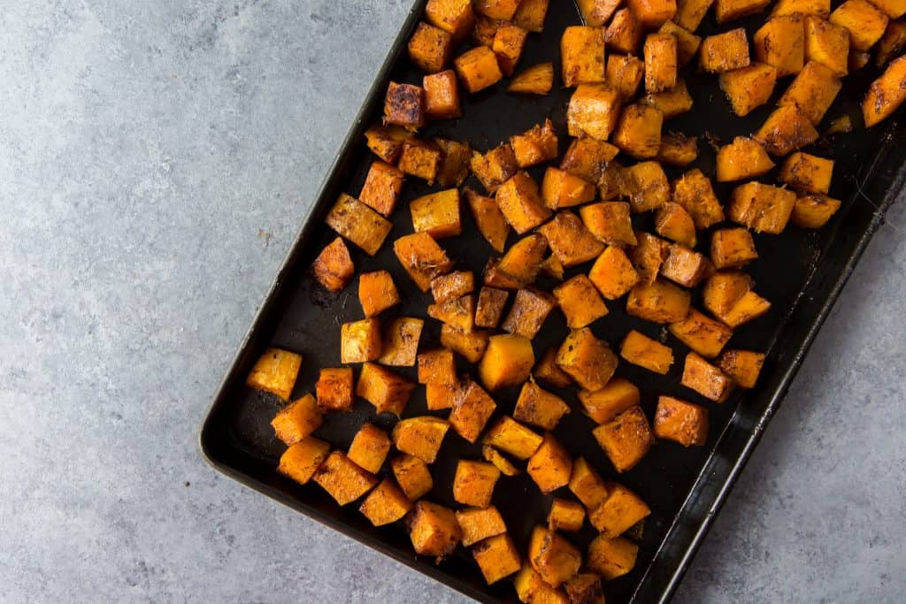 butternut squash keto Roasted squash out of the oven on a cookie sheet