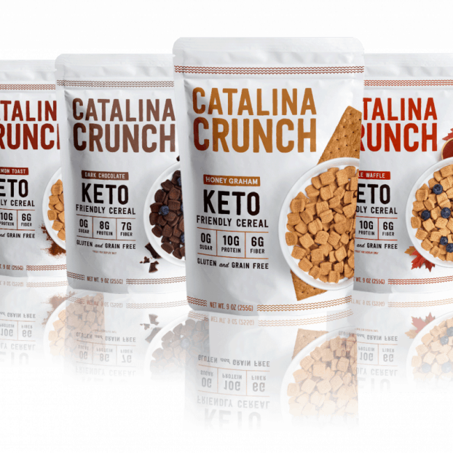 Catalina Crunch keto cereal. Four different bags of cereal lined up.