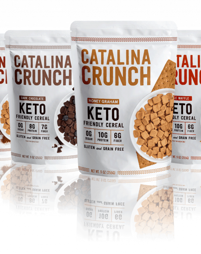 Catalina Crunch keto cereal. Four different bags of cereal lined up.