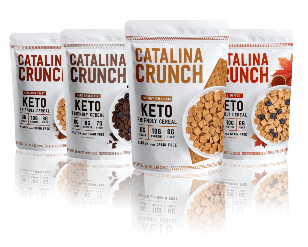 Catalina Crunch keto cereal. Four different bags of cereal lined up.