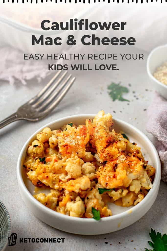 Cauliflower Mac and Cheese browned topping on top of the keto mac and cheese
