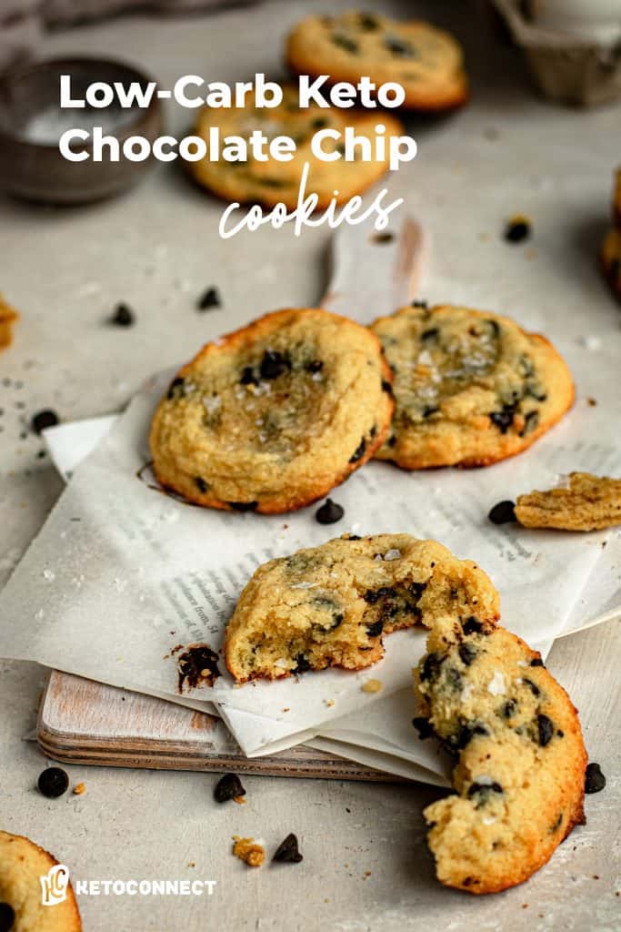 Keto Chocolate Chip Cookies small cutting board with chocolate chip cookies on it