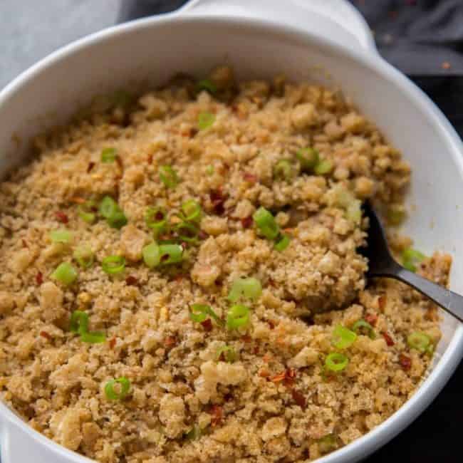 Keto Tuna Casserole Keto Tuna casserole finished in a white baking dish