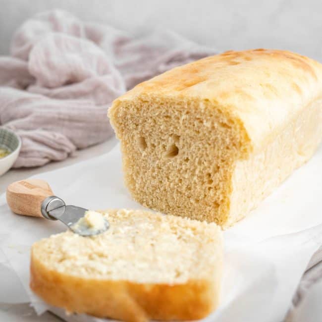best keto bread A side shot of low carb bread with a knife