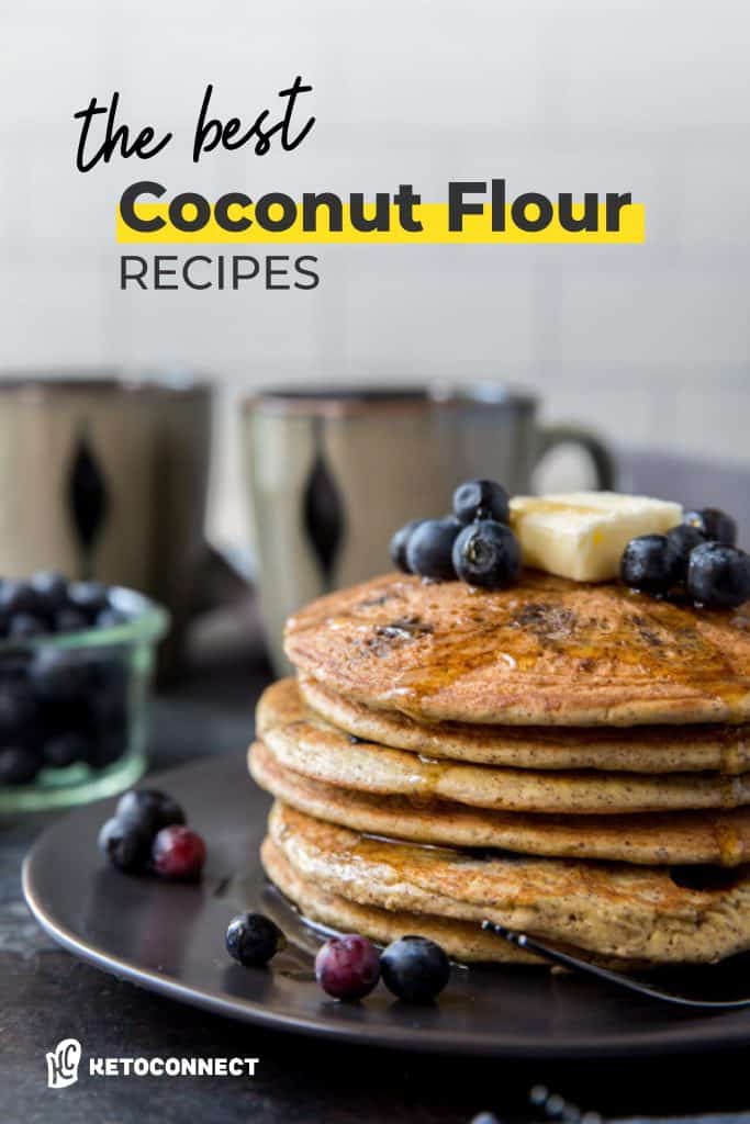 coconut flour recipes a stack of blueberry pancakes with butter on top and coffee in the background