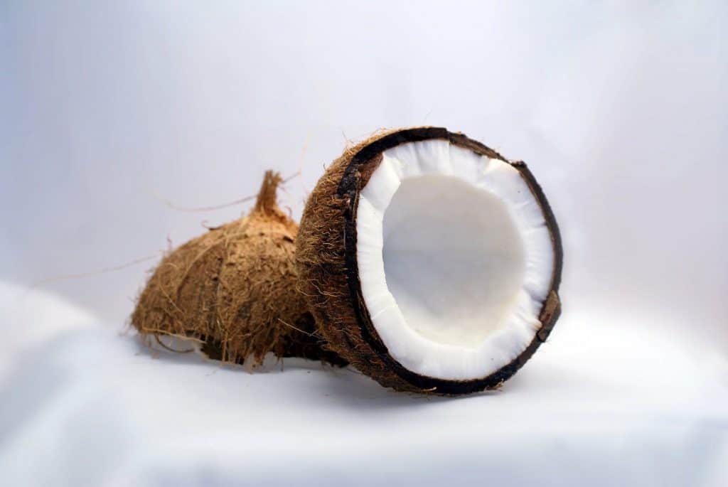 coconut flour recipes a coconut broken in half on top of sand