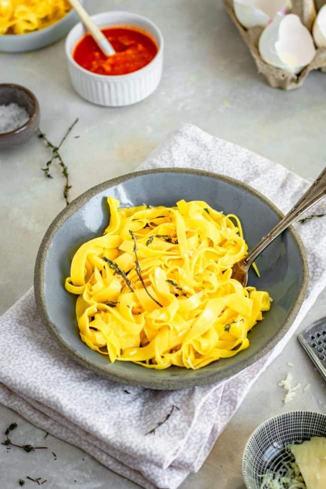 keto pasta served in a shallow bowl placed on top of a napkin