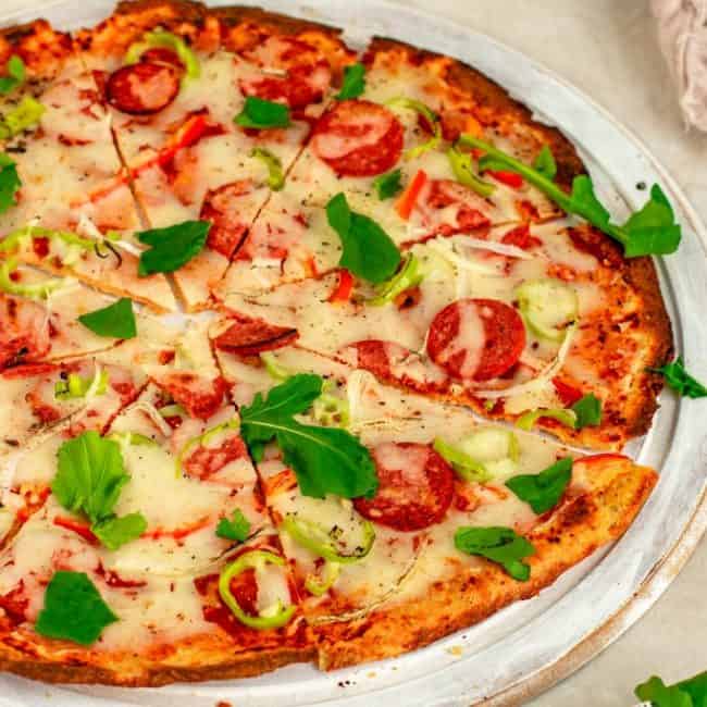keto pizza pizza fully sliced but still together for serving