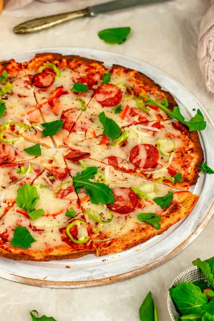 keto pizza pizza fully sliced but still together for serving