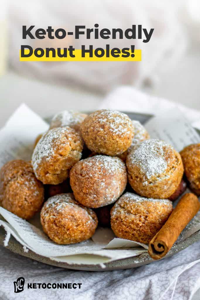 keto donut holes on a plate with powdered sugar