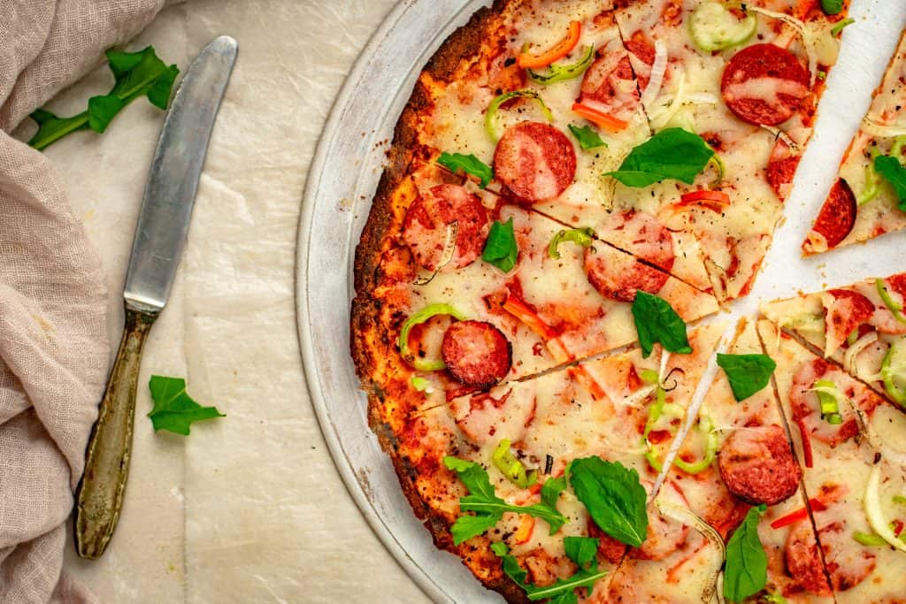 keto pizza off center pizza on a table cloth