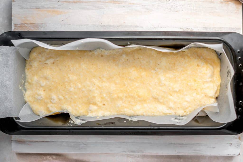 Keto bread batter in loaf pan