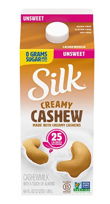 cashew milk in a large carton on white background